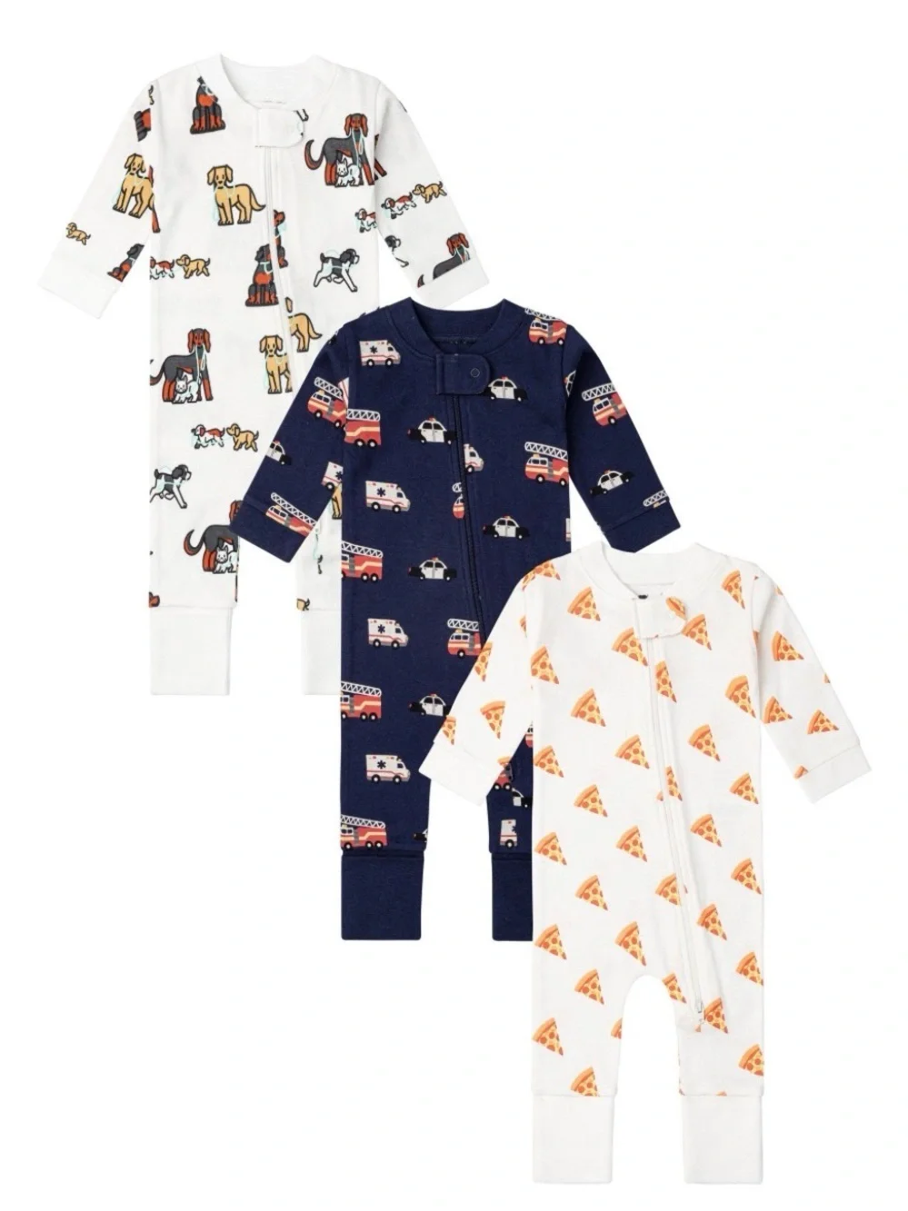 3-Pack Baby Footed Zippert Rompers 9-12m - Dog, Pizza & Vehicle Prints
